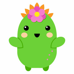 cactus, cartoon, character, happy, flower, crown, cute, vector, illustration, clipart, green, pink, yellow, purple, pot, texture, spikes, plump, arms, smile, vibrant, pattern, design, white, backgroun