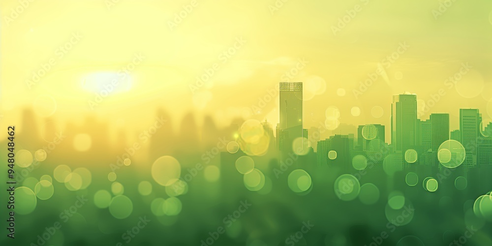 Sticker Abstract background with city skyline silhouette and soft bokeh in light green and yellow tones.