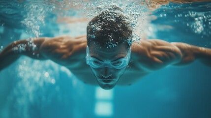 A swimmer glides effortlessly through a clear indoor pool, demonstrating perfect technique and focus during a practice session