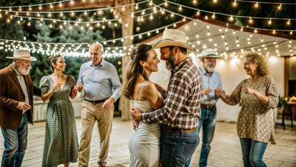 Fototapeta premium Couple enjoys a romantic dance under string lights at a lively outdoor gathering at night