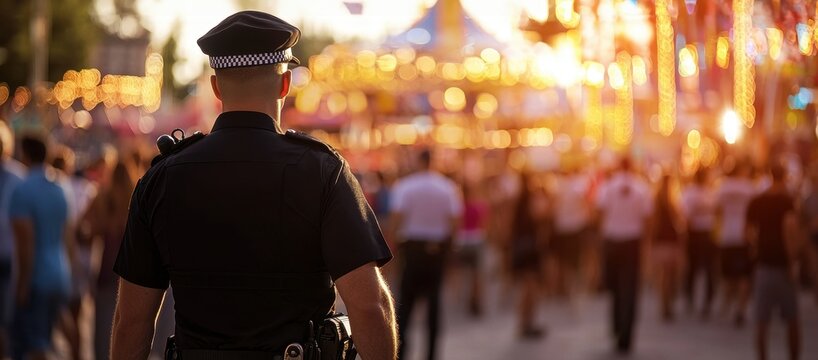 Police officer monitoring a crowded public event during sunset. The image captures the vigilance and security measures taken by law enforcement in crowded spaces.