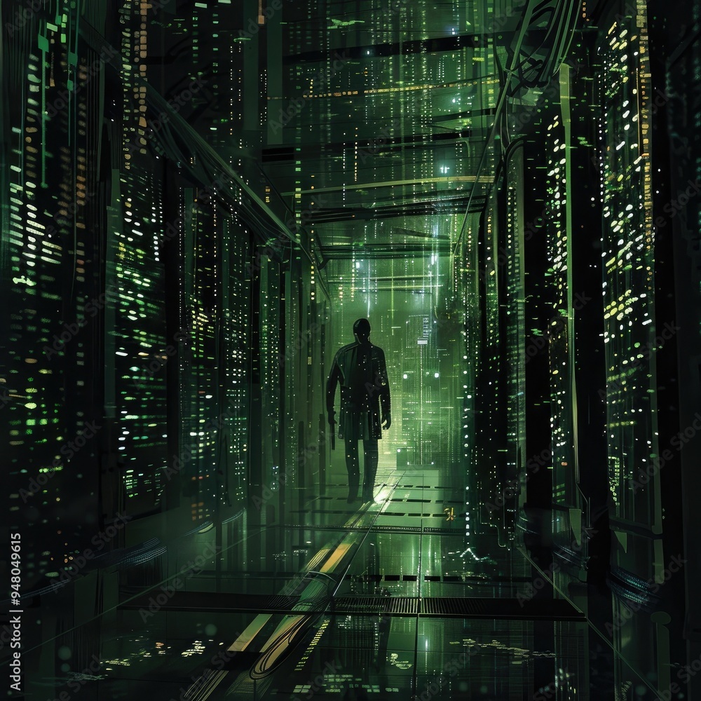 Poster in a world where information is currency, a data thief furtively siphons precious bits and bytes fro
