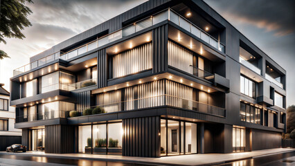 Obraz premium Modern black multifunctional building in urban setting during twilight hours