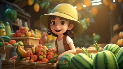 Fototapeta premium photo of a D character in a fruit market,