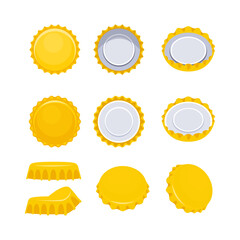 Nine yellow bottle caps lying in different positions, isolated on white background