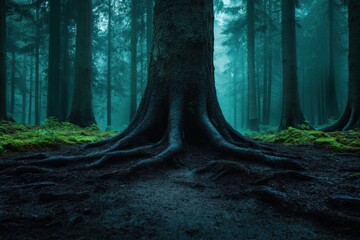 A misty forest scene featuring towering trees with exposed roots, conveying a sense of mystery,...