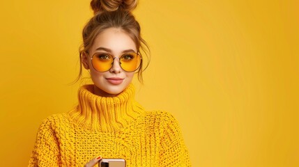 a trendy woman with a messy bun and yellow sunglasses holding a phone
