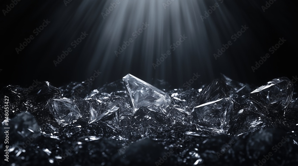Poster glistening fragments of crystal under focused light in a dark setting create an enchanting atmospher