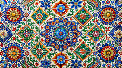 Colorful mosaic tile design featuring intricate patterns in a traditional art style