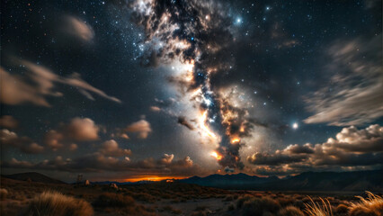 Fototapeta premium Stunning view of the Milky Way galaxy over a desert landscape at night with clouds
