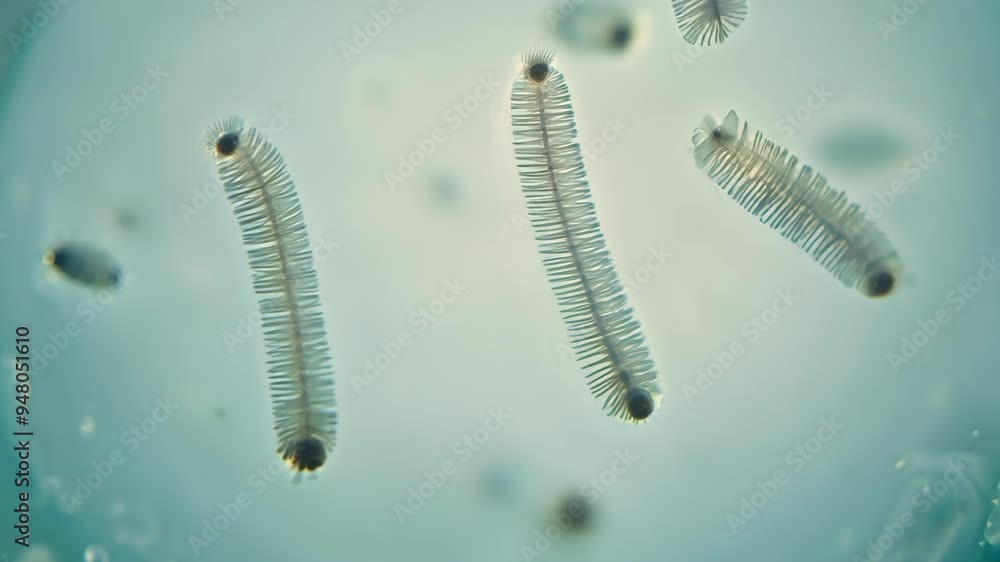 Poster exploring microscopic life with detailed observations of tiny organisms in a laboratory setting