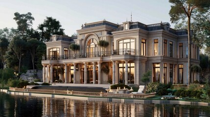Fototapeta premium Luxurious mansion with terrace by a lake