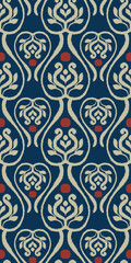 seamless damask ikat pattern features an elegant blend of traditional motifs in cream and red against a deep navy background. Perfect for textiles, home decor, and digital designs, this pattern exudes