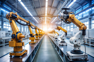 Industrial robots automate assembly line in modern factory during sunny work hours