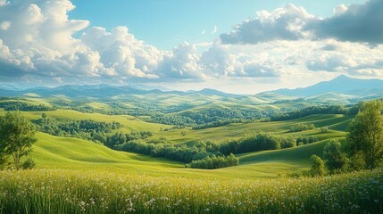 Obraz premium Charming Rolling Hills with Lush Pastoral Fields and Expansive Open Skies for a Peaceful Landscape