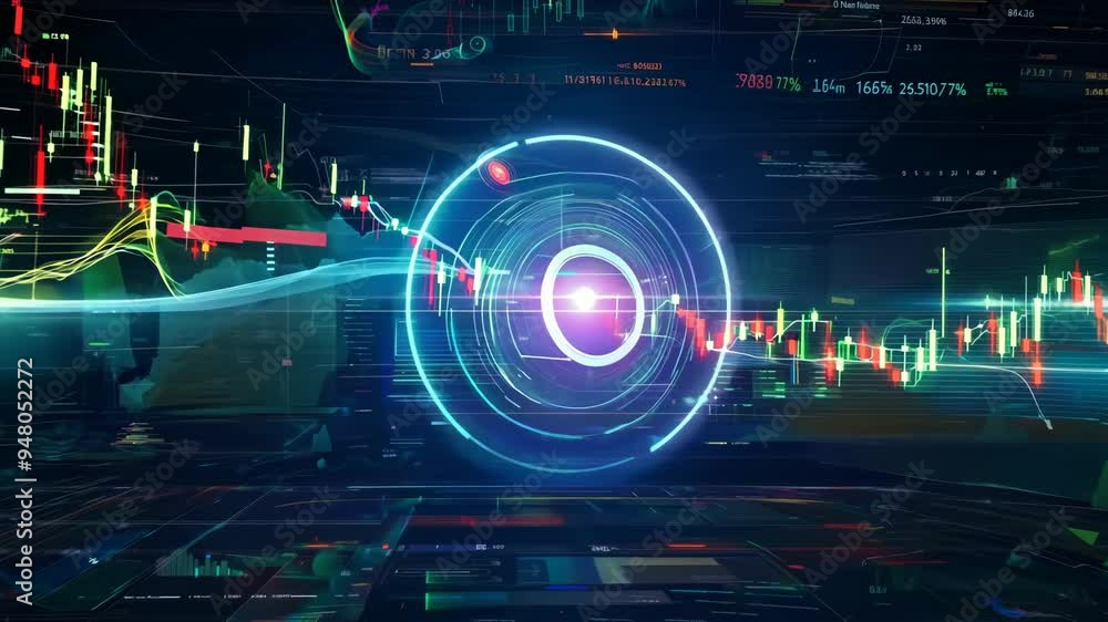 Aufkleber exploring dynamic stock market trends and data visualization in a high-tech trading environment