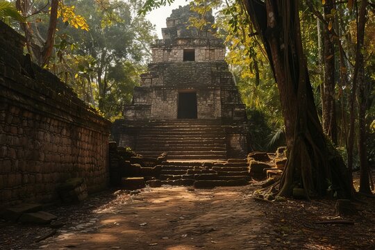 Ancient mayan pyramid emerging from lush jungle in morning light