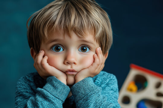 A young boy with wide, expressive eyes rests his face in his hands, displaying a thoughtful and pensive expression while sitting indoors.