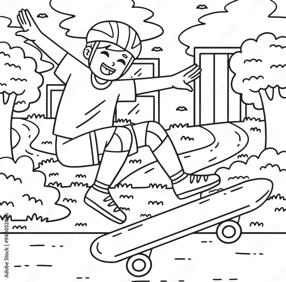 Poster skateboard boy doing an ollie coloring page