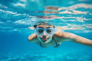 Naklejka premium Happy young woman swimming underwater in the sea at the day time. Healthy lifestyle concept 