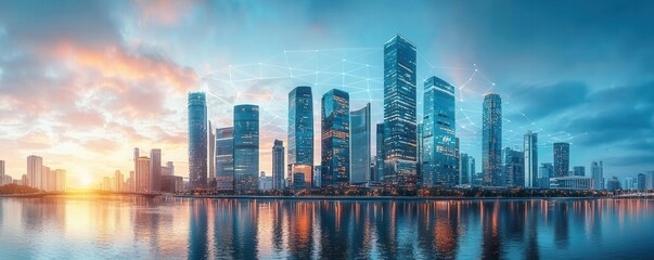 Economic success, augmented reality growth trend, symbolic wealth increase, modern cityscape