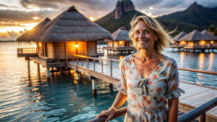 Woman smiling by overwater bungalows at sunset in a tropical paradise with mountains and calm waters