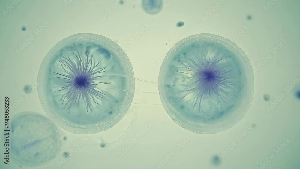 Poster exploring the intricate structures of microscopic cells in a lab environment captured in real-time