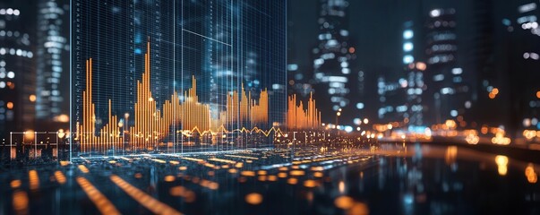 Financial expansion, augmented reality chart, symbolic wealth, sleek modern cityscape