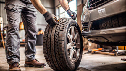 Mechanic changing a tire in a workshop during the day