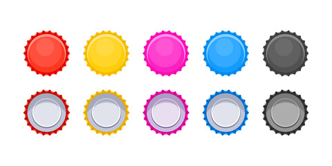 A set of colorful caps with a white background. The caps are in different colors, including red, yellow, pink, blue, and black.