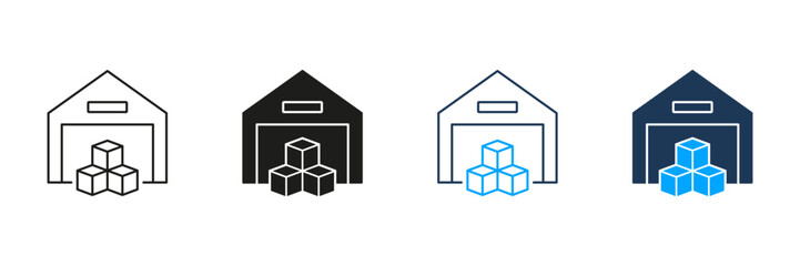 Storage Building Line and Silhouette Icon Set. Warehouse Pictogram. Cargo Boxes in Commercial Store House Sign. Storehouse for Shipping Service Symbol. Editable Stroke. Isolated Vector Illustration