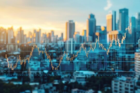 Wealth expansion, augmented reality trend graph, symbolic financial growth, modern urban background