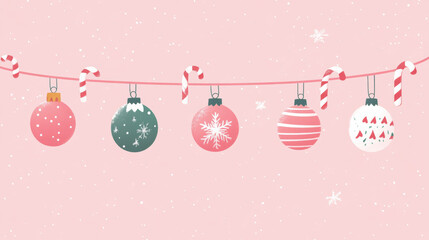 Christmas theme with Christmas baubles and candy canes hanging on a line against pink background