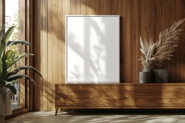 Poster Frame Mockup on Wooden Interior Background created with Generative AI