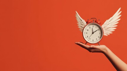 Seize the Moment: Illustration of Clock with Wings Flying Away, Symbolizing Opportunity Fleeting, Person Reaching Out, Copy Space