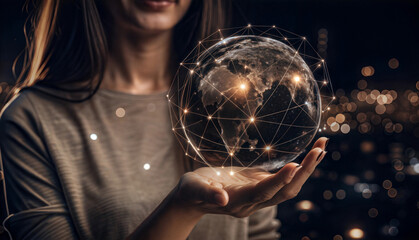 Naklejka premium A woman holds a glowing globe above her hand, surrounded by city lights at night