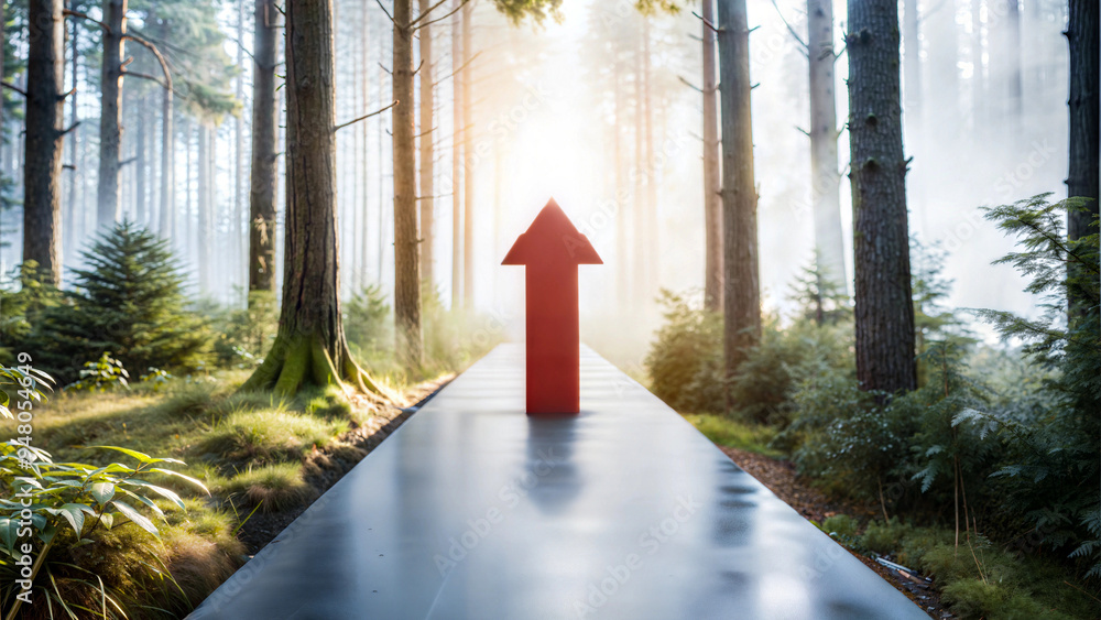 Poster red arrow pointing forward on a path through misty forest in the early morning light