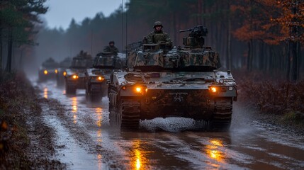 A powerful image of a military convoy of armored vehicles traversing a muddy road through a dark forest under a gloomy sky.