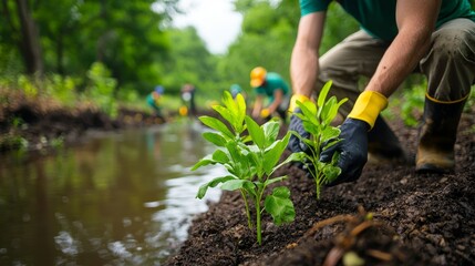 Naklejka premium A river restoration project where volunteers are planting native trees along the banks to revive the local ecosystem