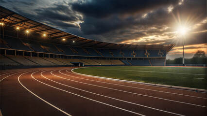 Fototapeta premium Empty stadium at dusk with illuminated track and dramatic clouds overhead