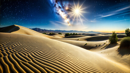 Naklejka premium Beautiful desert landscape at dusk with smooth sand dunes and a starry sky