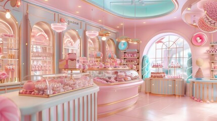 Luxury premium candy shop interior in pastel colors with lots of sweet treats, generative AI