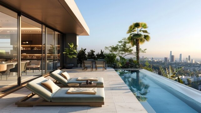 Luxury penthouse apartment terrace with pool overlooking los Angeles skyline, generative AI