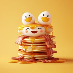 Smiling Pancake Stack with Eggs and Bacon Drizzled with Syrup