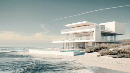 Fototapeta premium Magnificent white contemporary home on the beach, generative ai