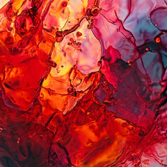 A red color alcohol ink painting with color gel splashing art, featuring abstract pastel tones and...