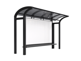 a bus stop shelter with a white board