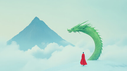 Chinese aesthetics, green ancient dragon and a man in a red cape, mountain and mist, whimsical myth illustration