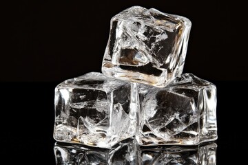 Close-up crystal clear ice cubes on black reflection
