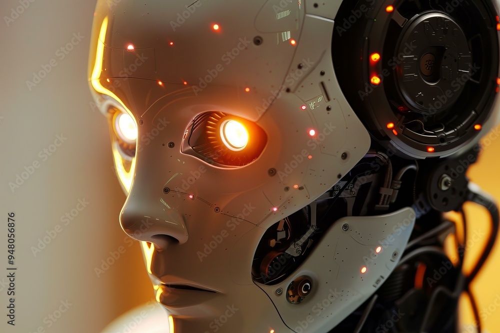 Poster futuristic robot showing artificial intelligence with glowing eyes and red lights
